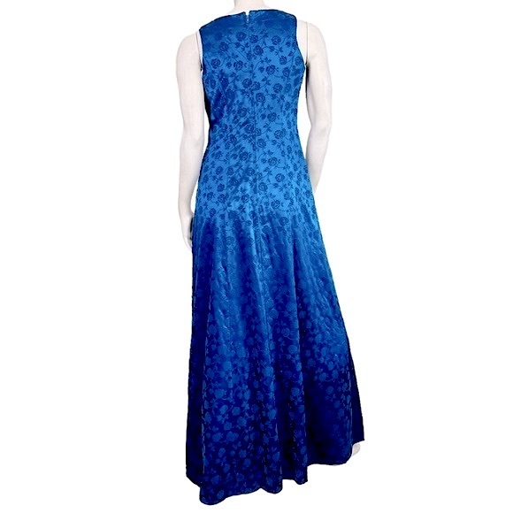 VINTAGE 90’s Niki Livas Cerulean Blue Rayon Satin Floral Velvet Tank Maxi Gown - Picture 5 of 8